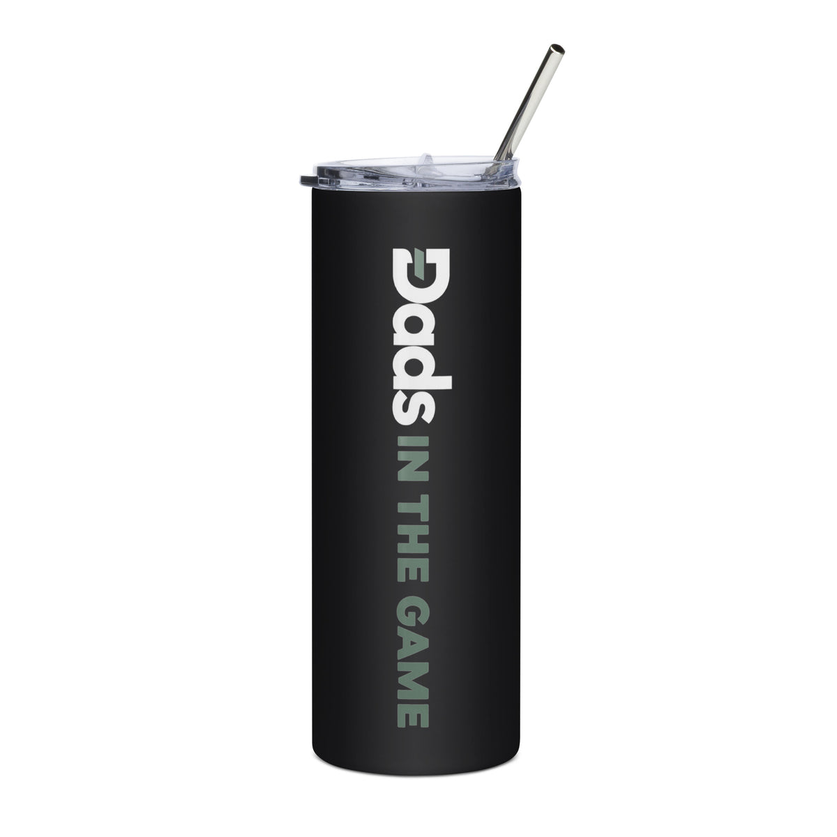 Black Dads in the Game 20 oz tumbler with vertical full wordmark, clear lid and metal straw