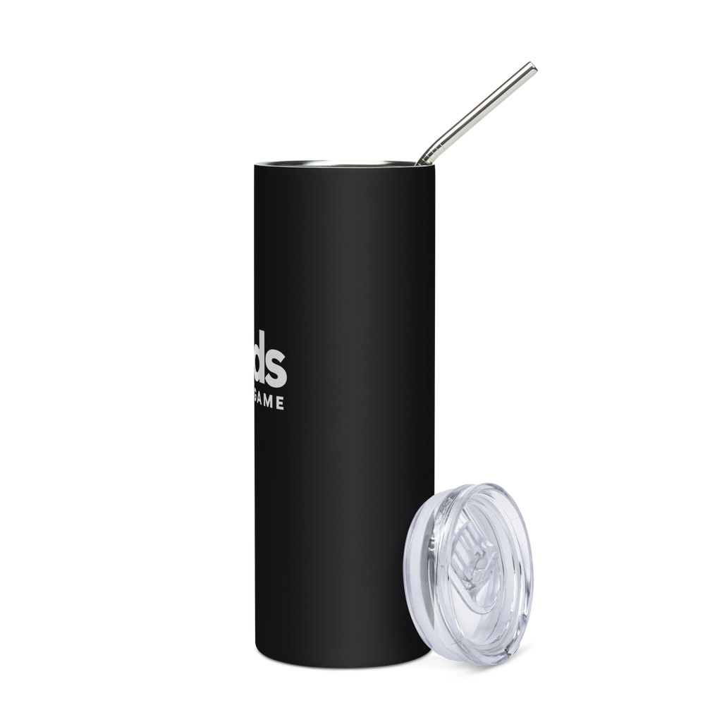 Angled view of the black Dads in the Game full logo tumbler with metal straw and lid placed alongside
