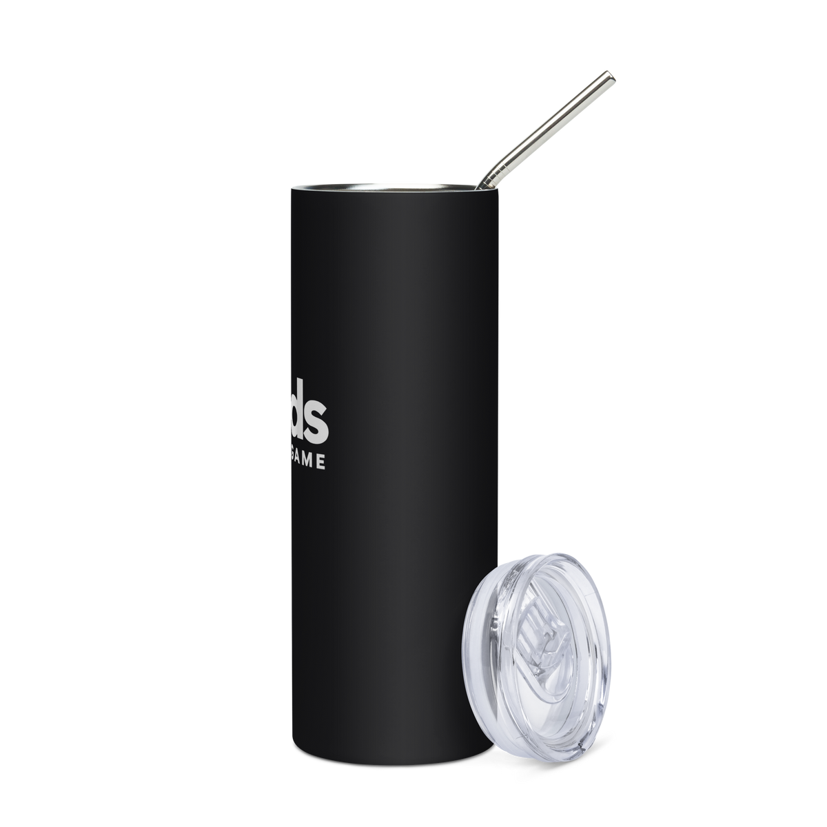 Angled view of the black Dads in the Game full logo tumbler with metal straw and lid placed alongside