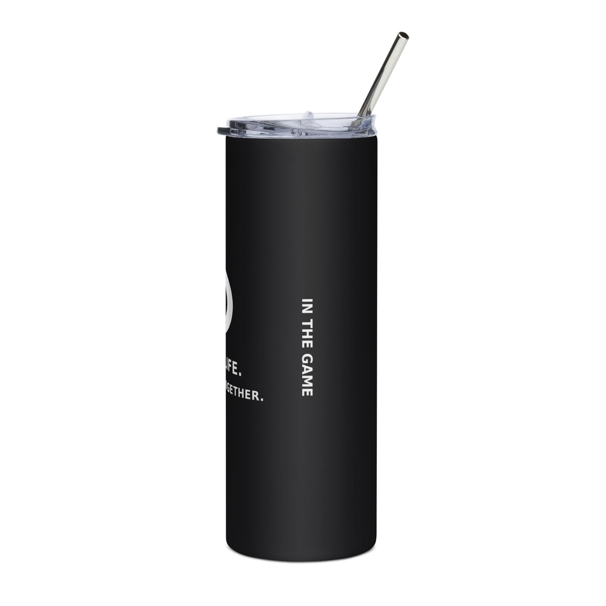 Angled view of the black Dads in the Game Signature tumbler with lid and metal straw