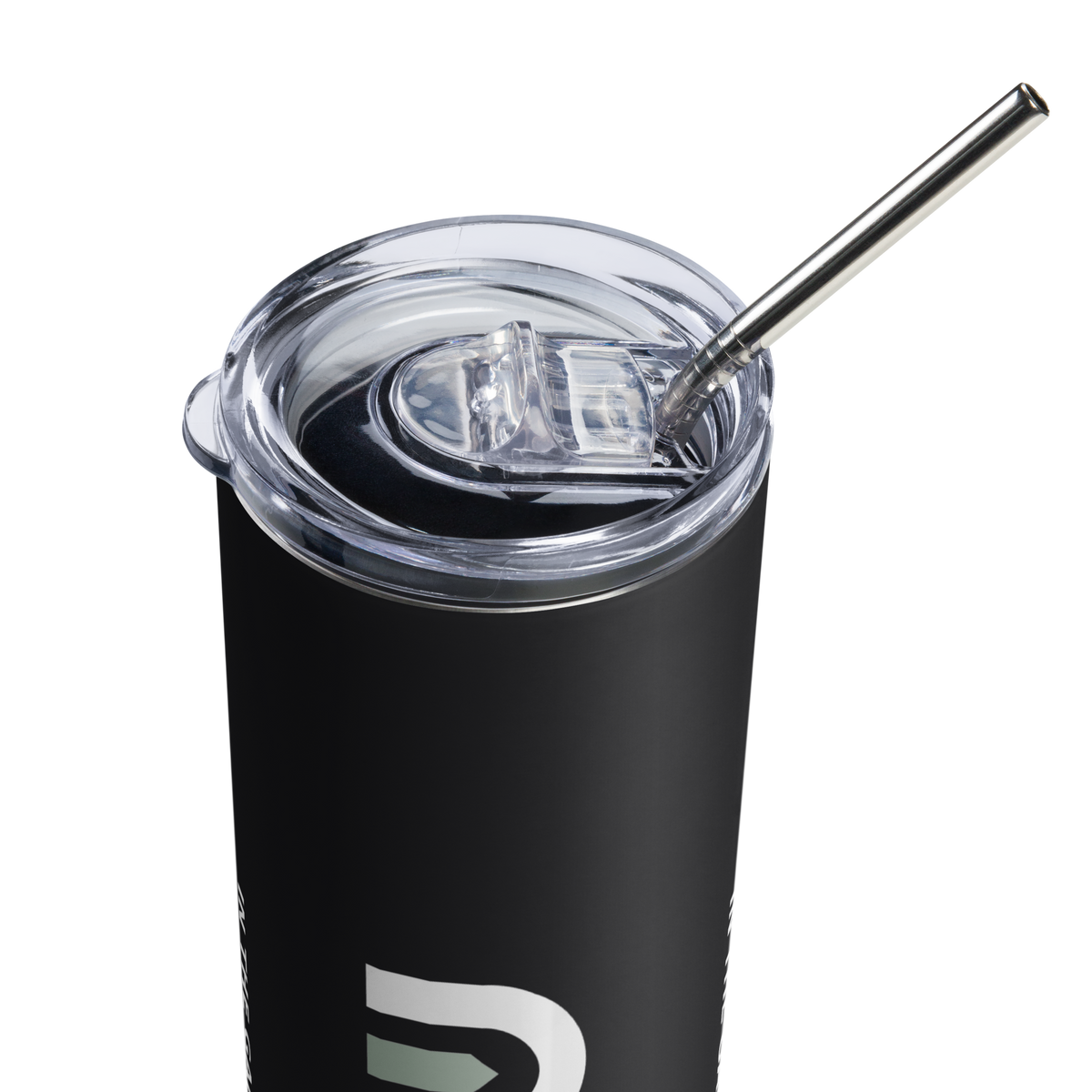 Close-up of the clear lid and metal straw on the black Dads in the Game Signature tumbler