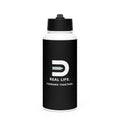 Black Dads in the Game 32 oz water bottle with D emblem, Real Life lettering and white straw lid