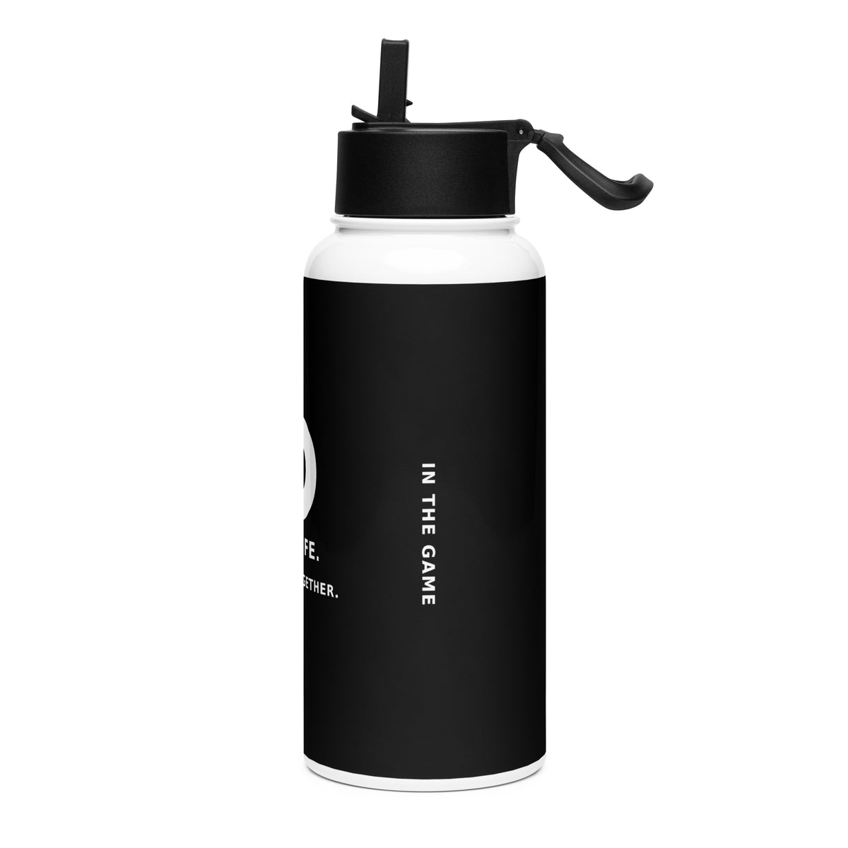 Angled view of the black Dads in the Game water bottle with white straw lid and carry loop