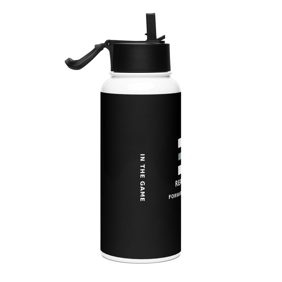 Alternate angled view of the black Dads in the Game water bottle with white straw lid and carry loop