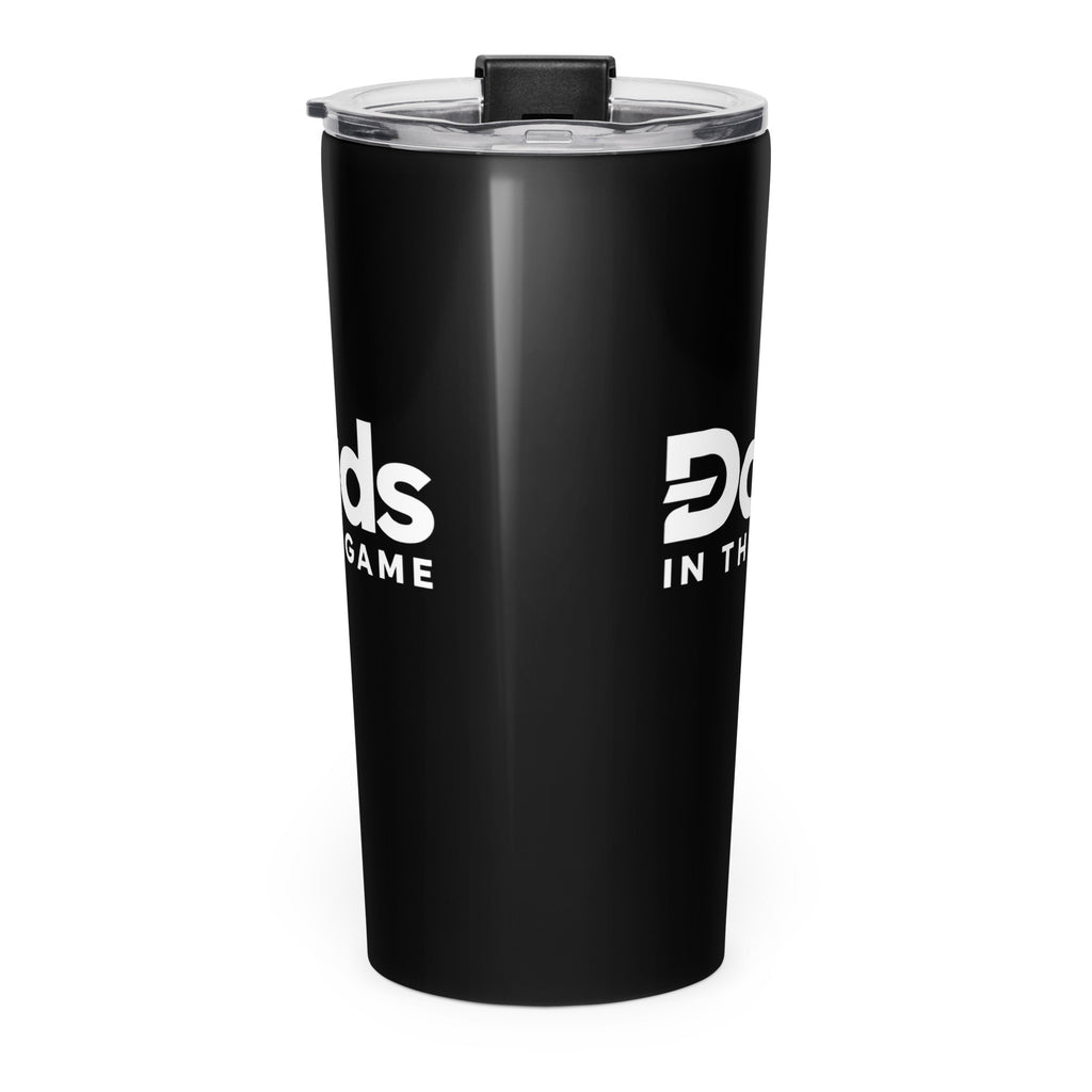 Back view of the black Dads in the Game full logo tapered tumbler with clear lid