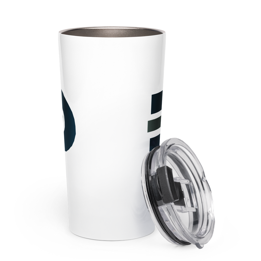 Back view of the white Dads in the Game D emblem tumbler with clear lid placed alongside