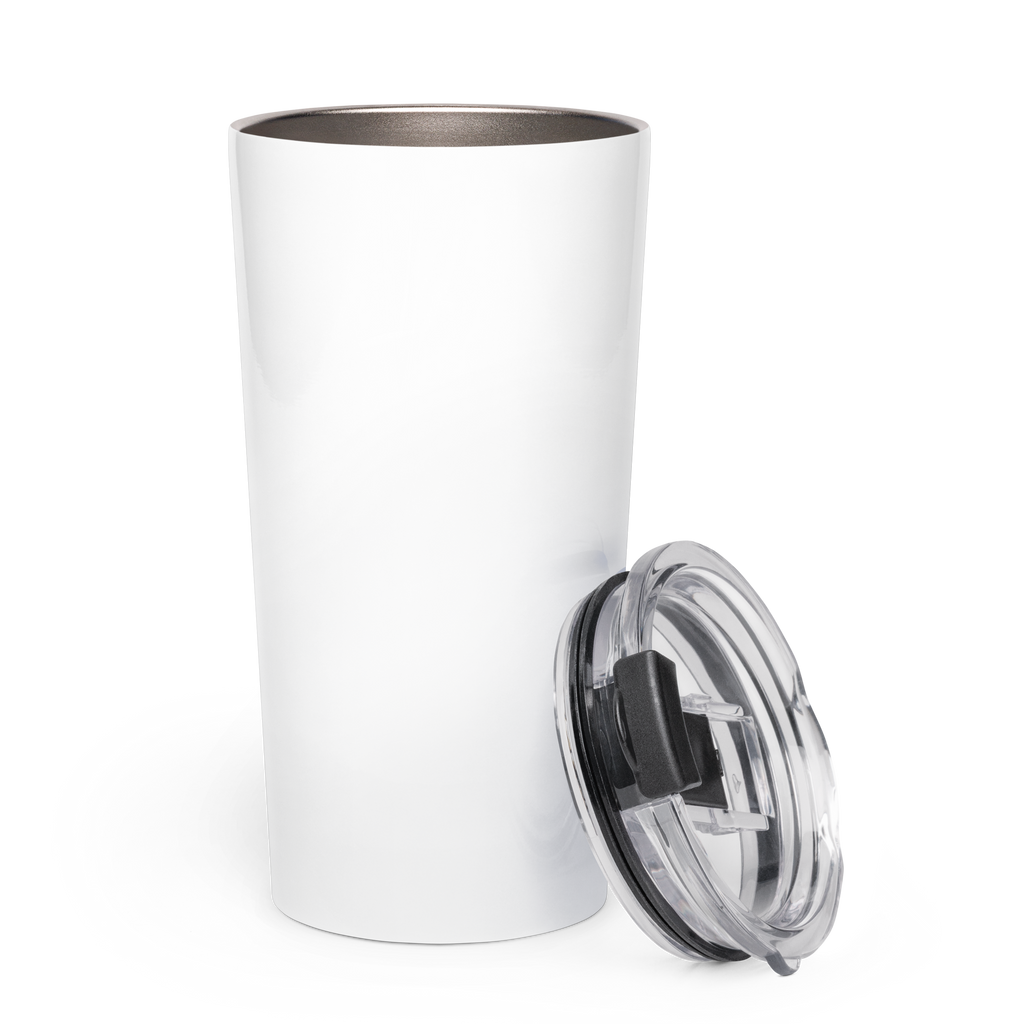 Plain back of the white Dads in the Game wordmark tumbler with clear lid placed alongside