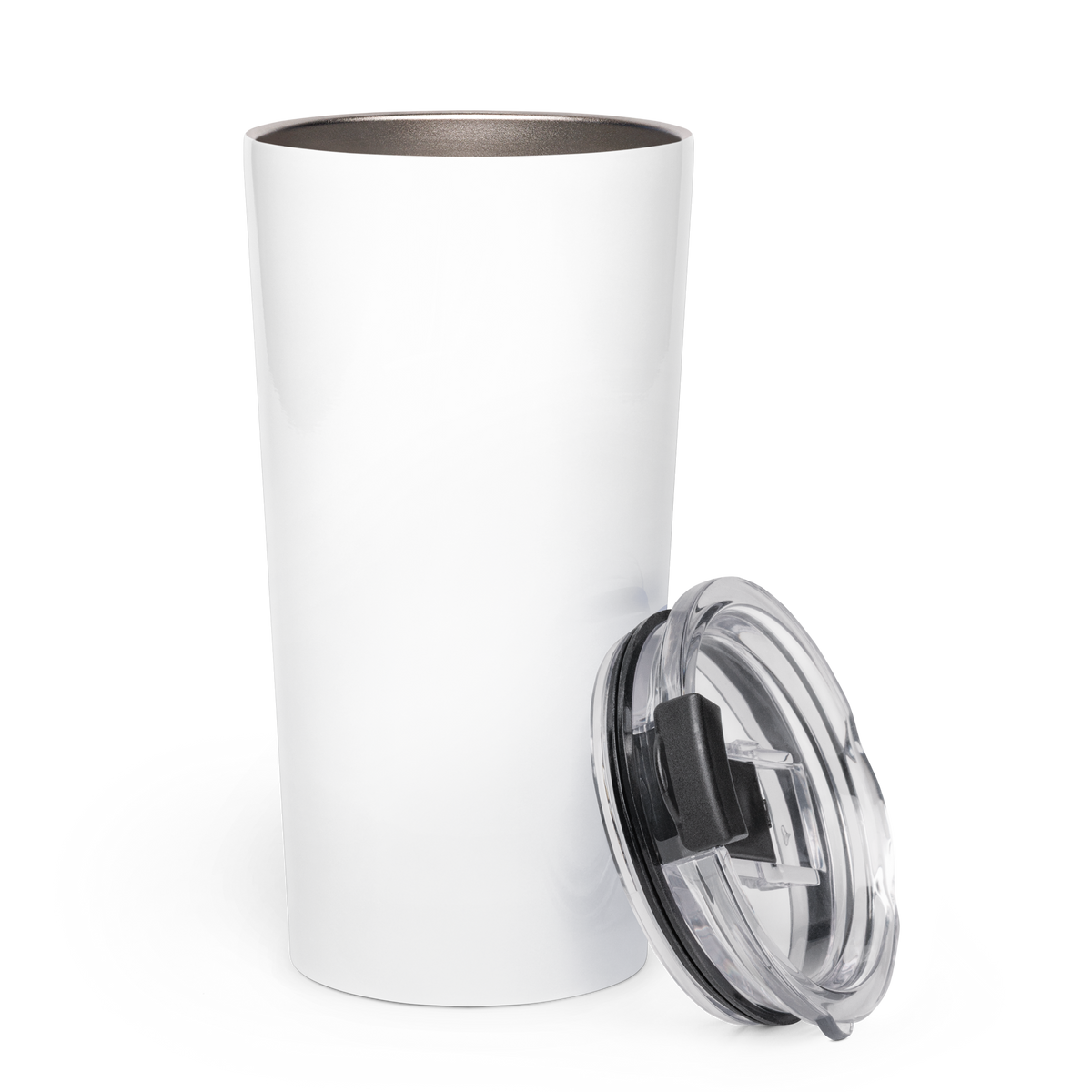 Plain back of the white Dads in the Game wordmark tumbler with clear lid placed alongside