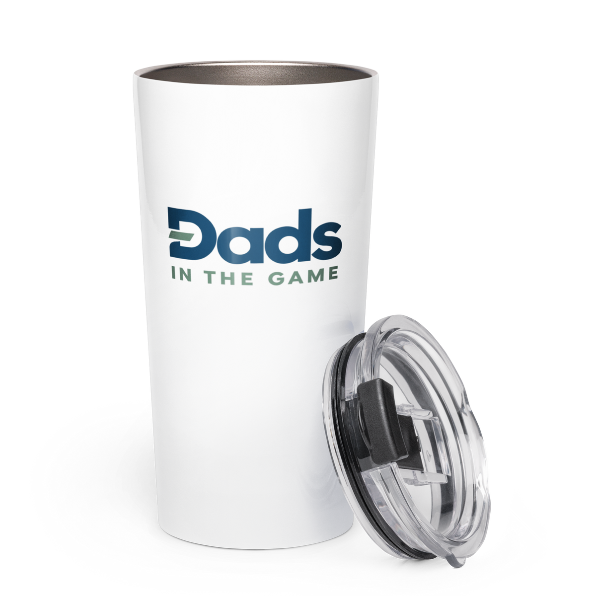 White Dads in the Game full logo tapered tumbler with clear lid placed alongside