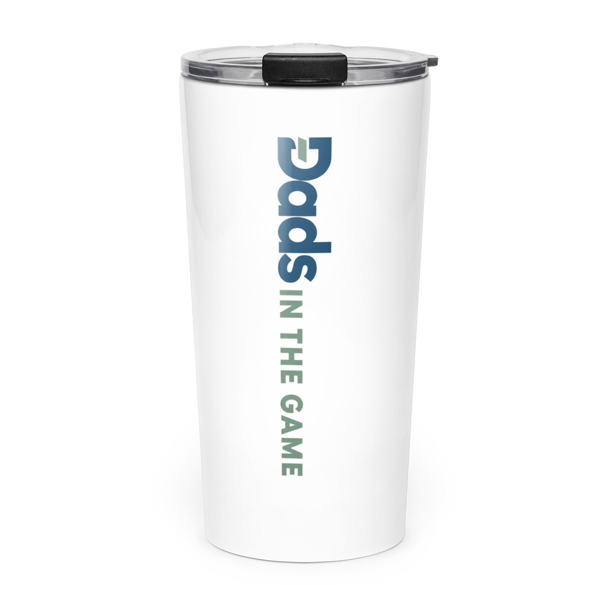 White Dads in the Game tapered tumbler with vertical full wordmark and clear lid