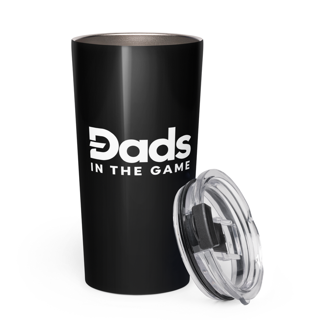 Black Dads in the Game full logo tapered tumbler with clear lid placed alongside