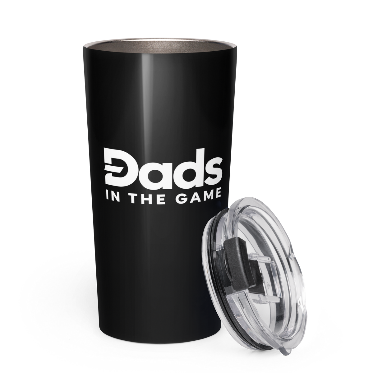 Black Dads in the Game full logo tapered tumbler with clear lid placed alongside