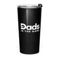 Black Dads in the Game full logo tapered tumbler with clear lid, angled front view