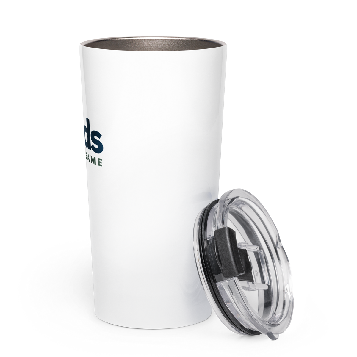 Angled view of the white Dads in the Game full logo tumbler with clear lid placed alongside