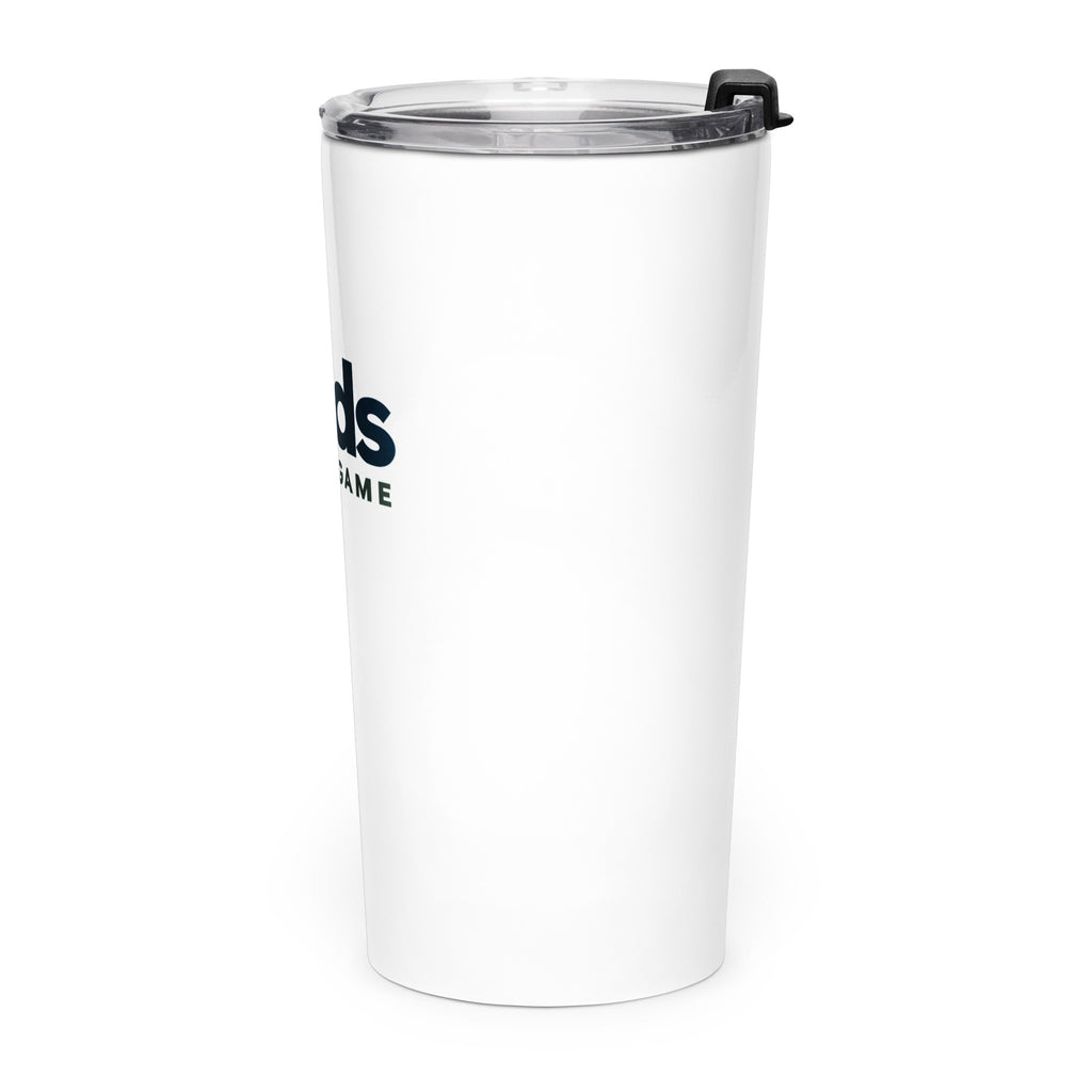 Angled view of the white Dads in the Game full logo tapered tumbler with clear lid