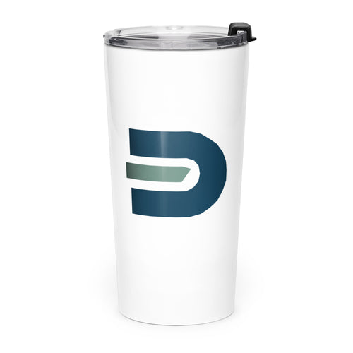 White Dads in the Game tapered tumbler with navy and green D emblem and clear lid