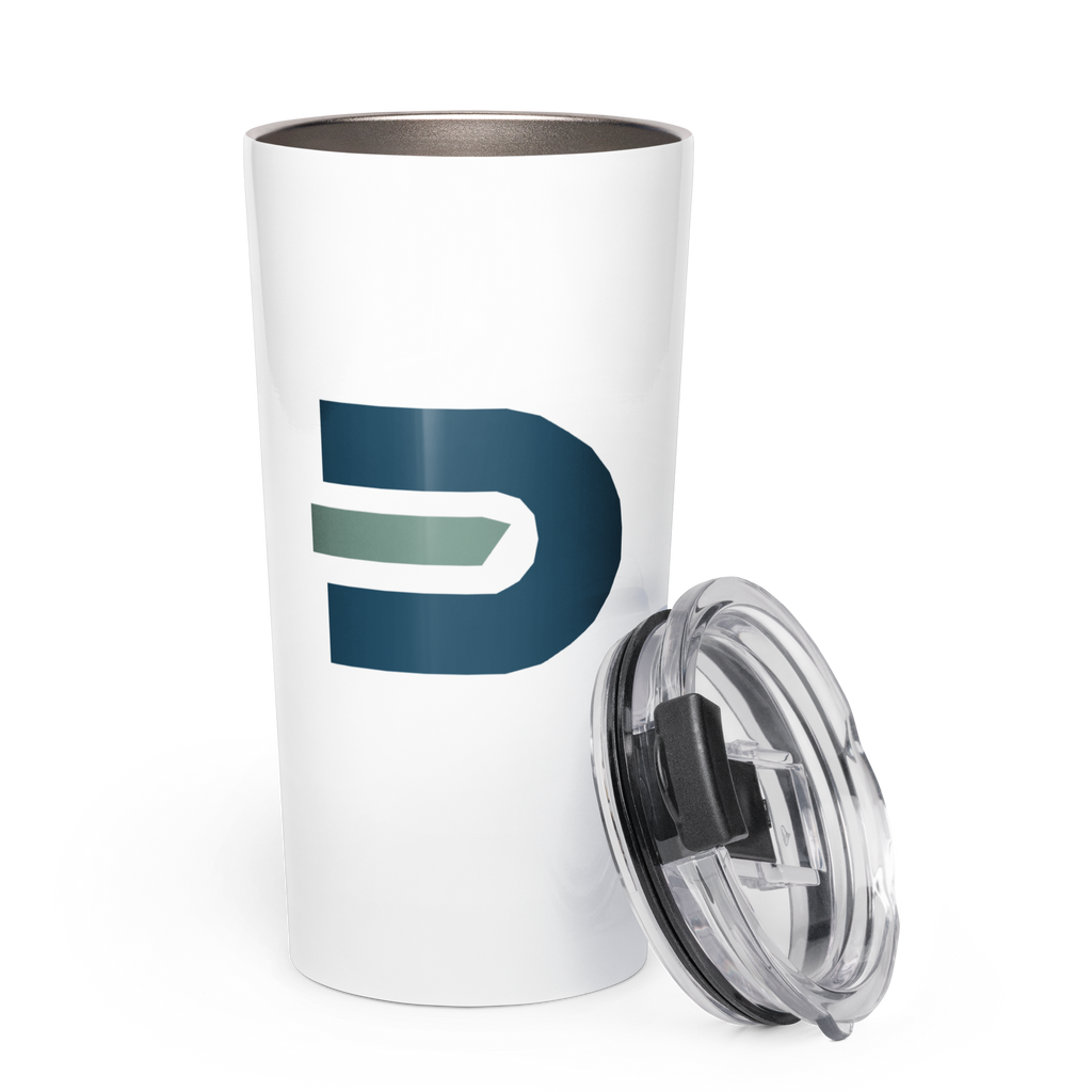 White Dads in the Game D emblem tumbler with clear lid placed alongside