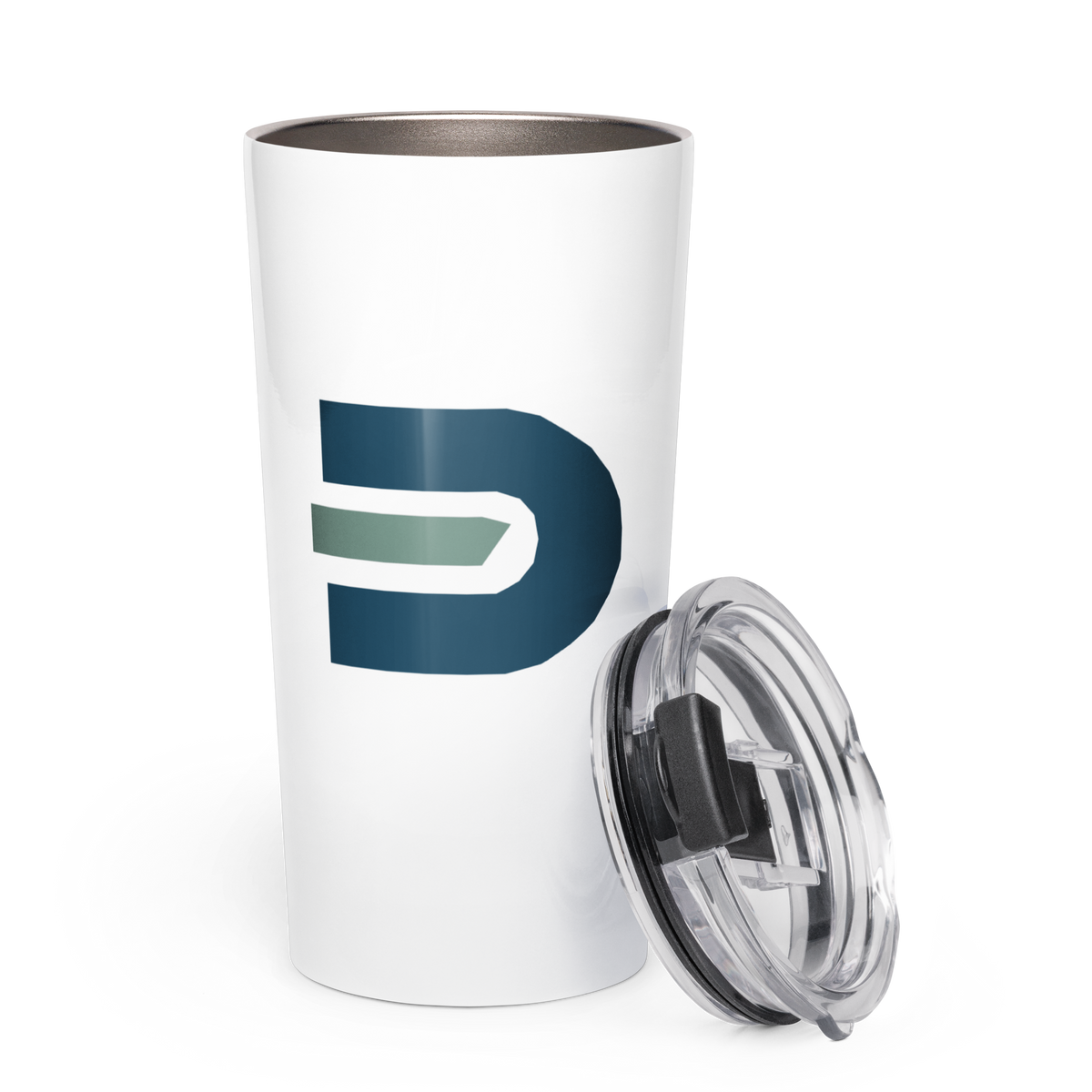 White Dads in the Game D emblem tumbler with clear lid placed alongside