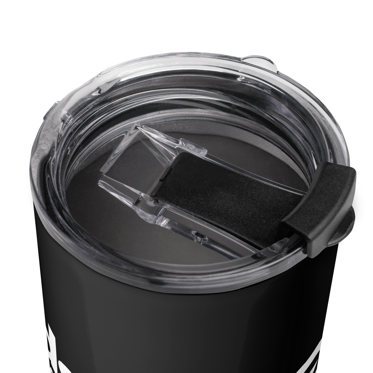 Close-up of the clear lid on the black Dads in the Game full logo tumbler
