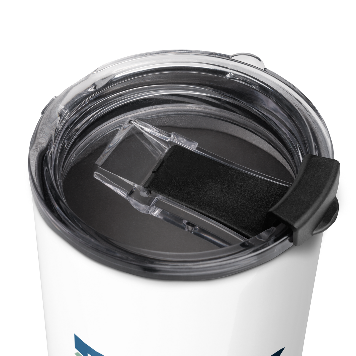 Close-up of the clear lid on the white Dads in the Game full logo tumbler