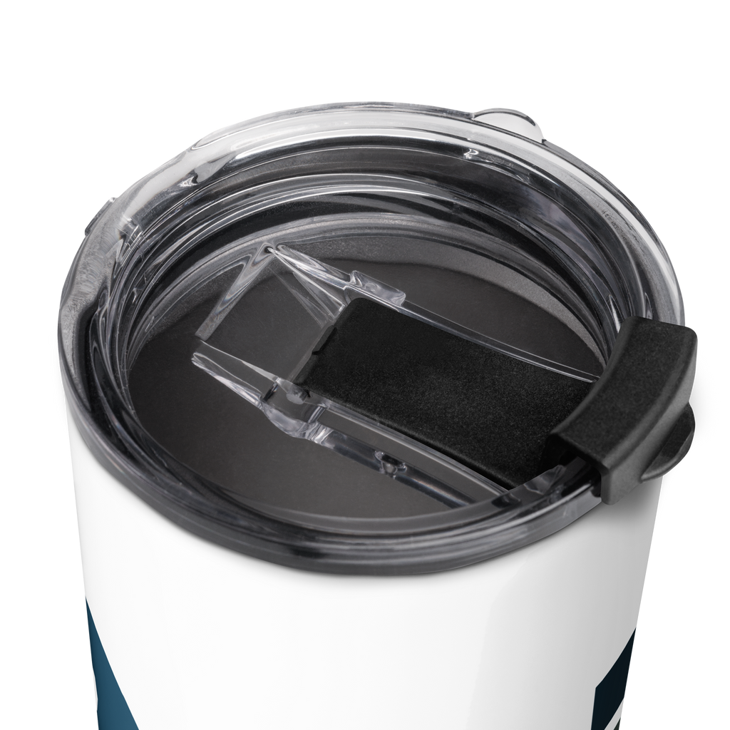 Close-up of the clear lid on the white Dads in the Game D emblem tumbler