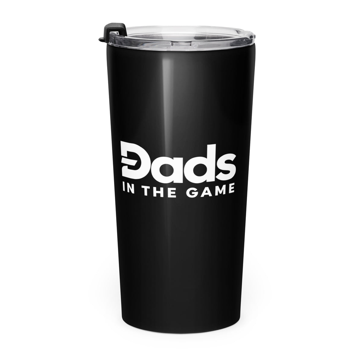 Alternate angled front view of the black Dads in the Game full logo tapered tumbler with clear lid