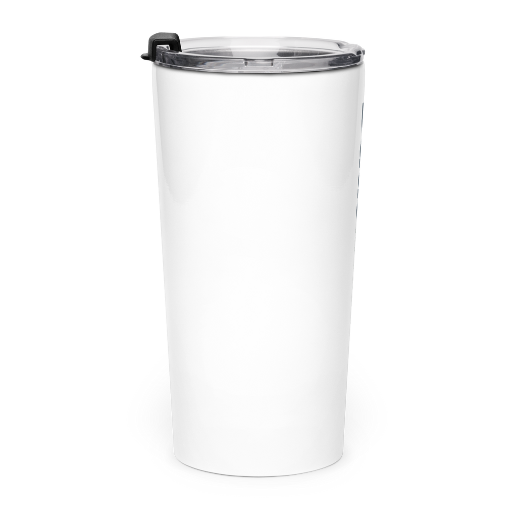 Angled view of the white Dads in the Game wordmark tumbler with clear lid