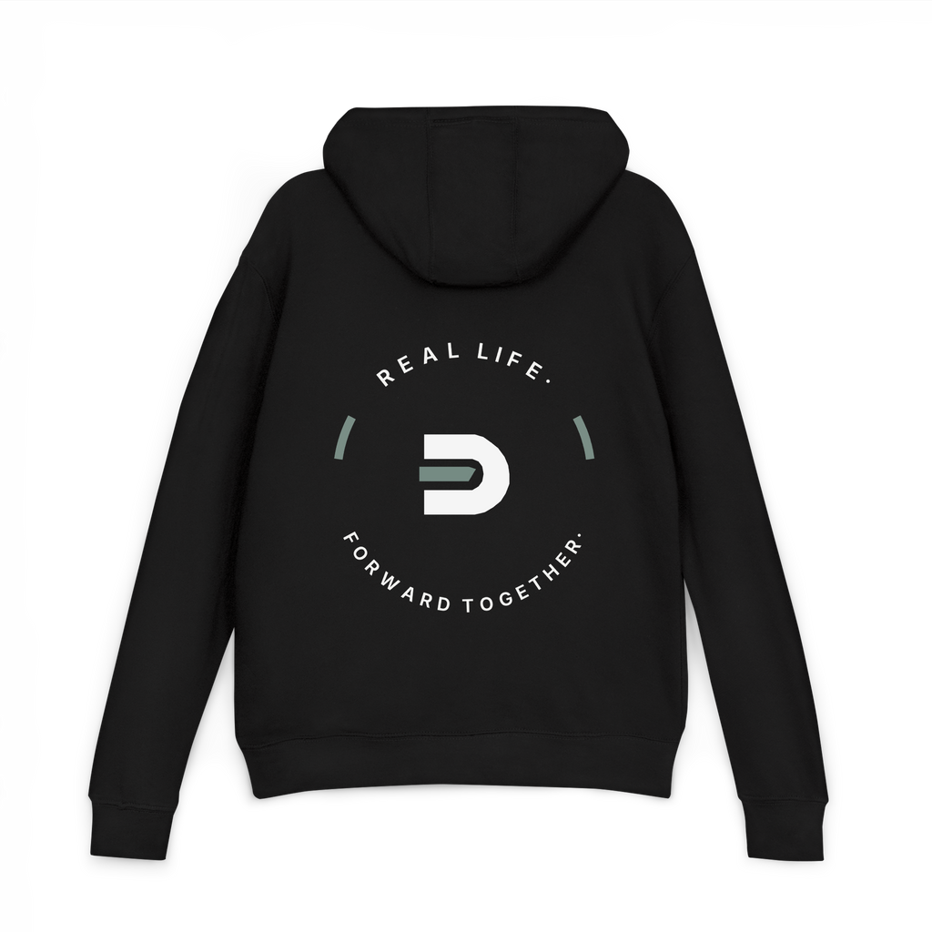 Back view of the black Dads in the Game Real Life Wheel hoodie with large Real Life, Forward Together wheel design