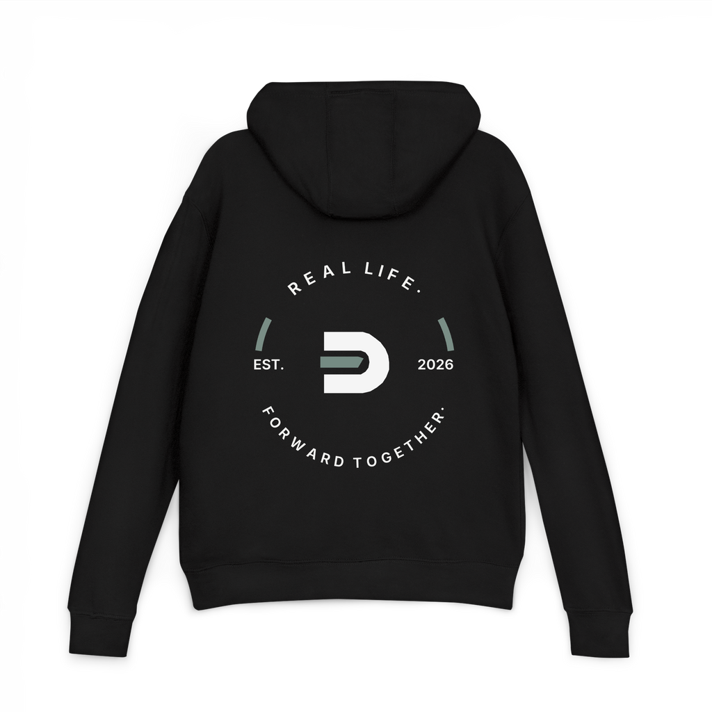 Back view of the black Dads in the Game Real Life Heritage Wheel hoodie with large wheel design and Est. 2026 lettering
