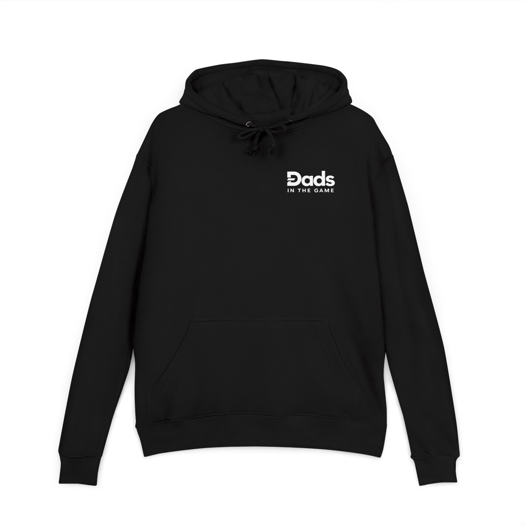 Front view of the black Dads in the Game Real Life Wheel hoodie with small full logo on the left chest