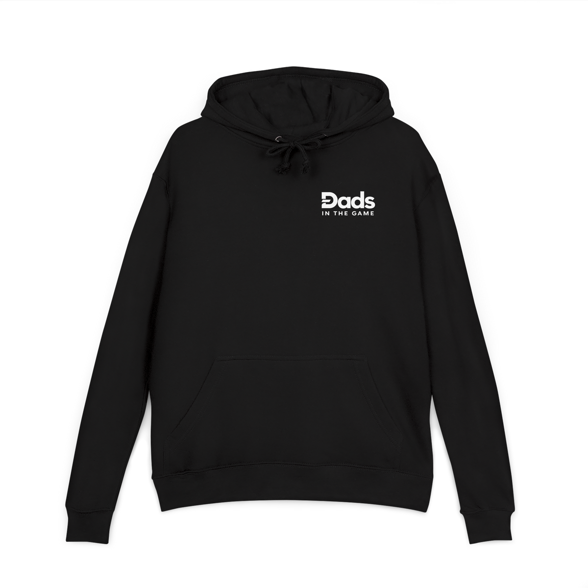 Front view of the black Dads in the Game Real Life Wheel hoodie with small full logo on the left chest