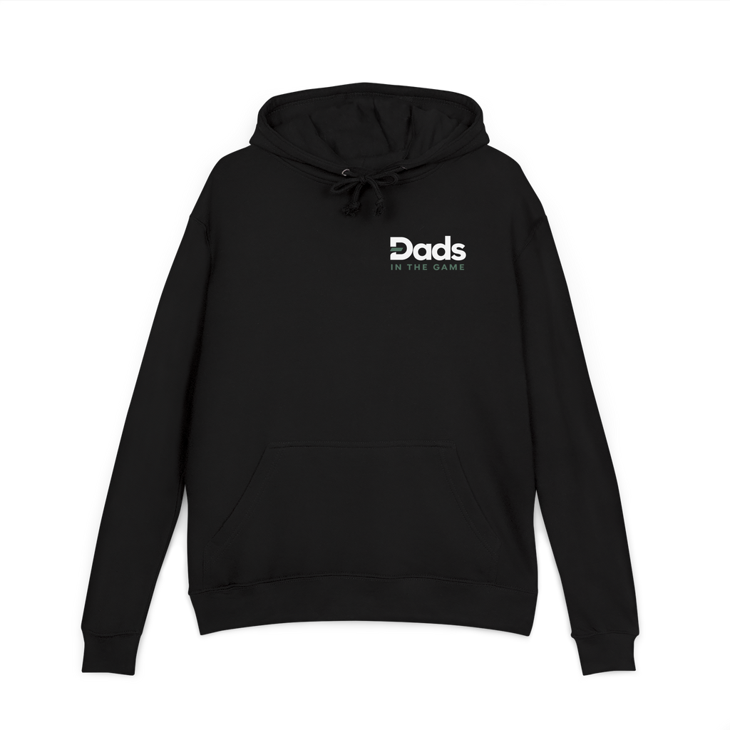 Front view of the black Dads in the Game Real Life Heritage Wheel hoodie with small full logo on the left chest
