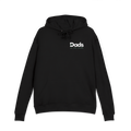Front view of the black Dads in the Game Real Life Heritage Wheel hoodie with small full logo on the left chest