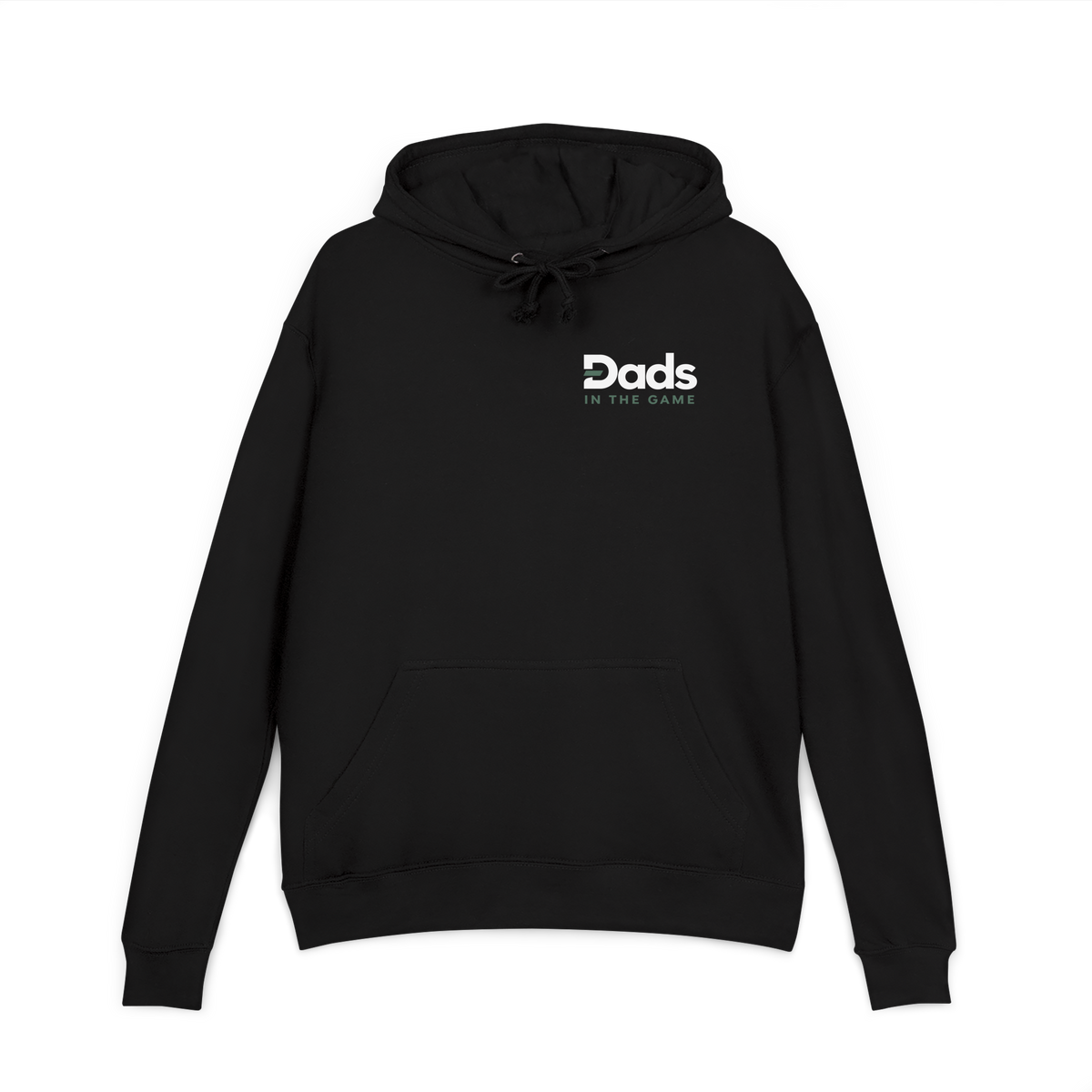 Front view of the black Dads in the Game Real Life Heritage Wheel hoodie with small full logo on the left chest