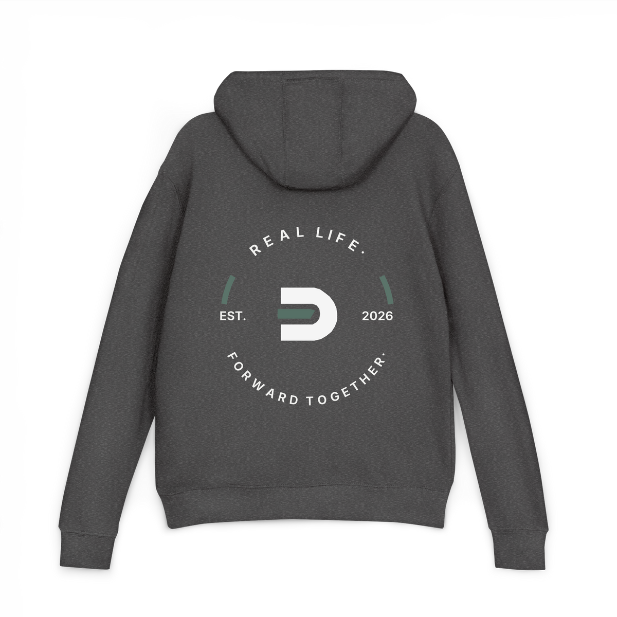 Back view of the charcoal Dads in the Game Real Life Heritage Wheel hoodie with large wheel design and Est. 2026 lettering