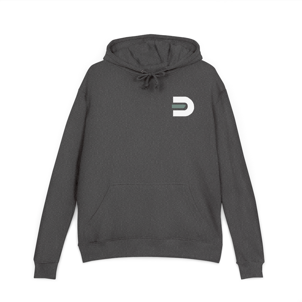Front view of the charcoal Dads in the Game Signature D hoodie with small D emblem on the left chest