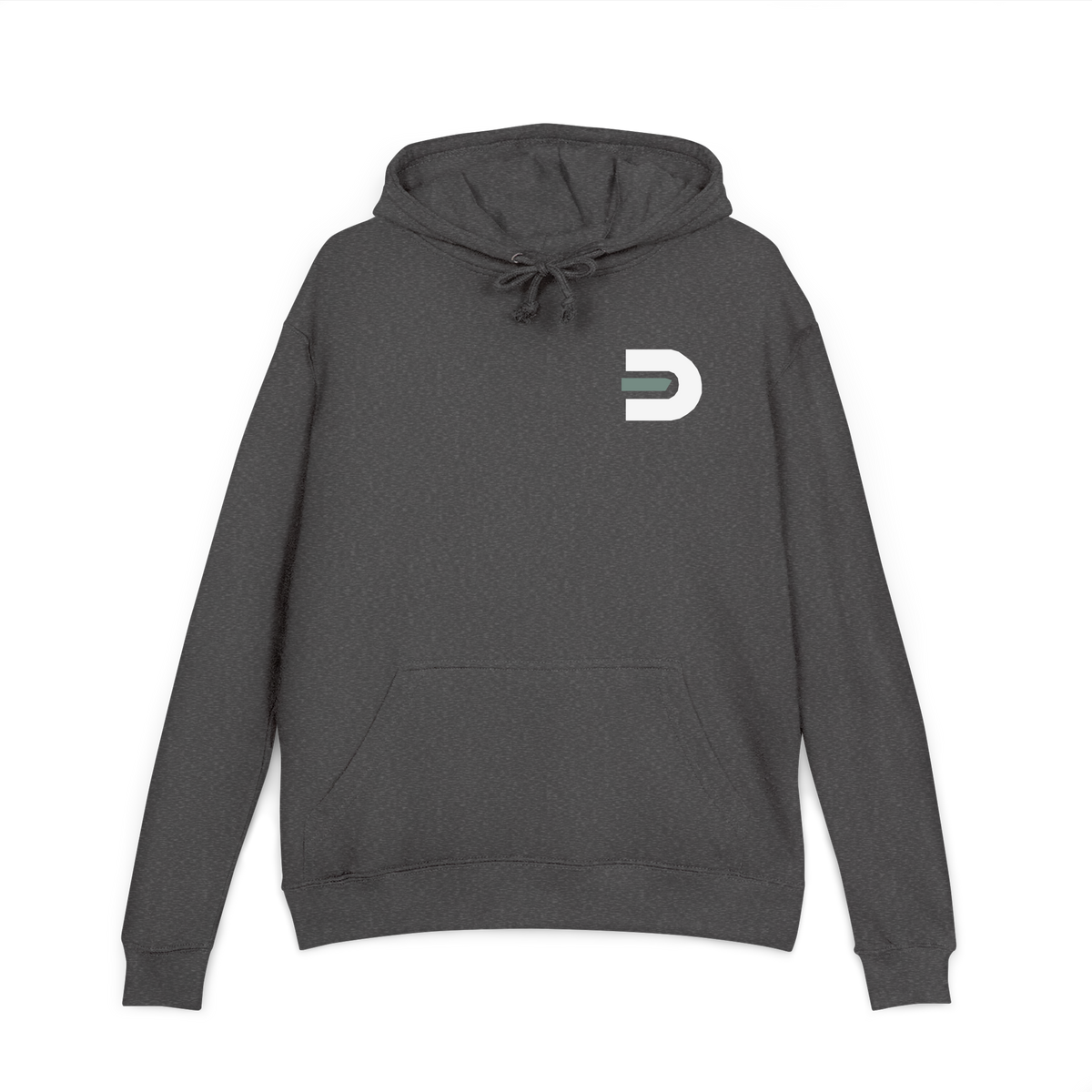 Front view of the charcoal Dads in the Game Signature D hoodie with small D emblem on the left chest