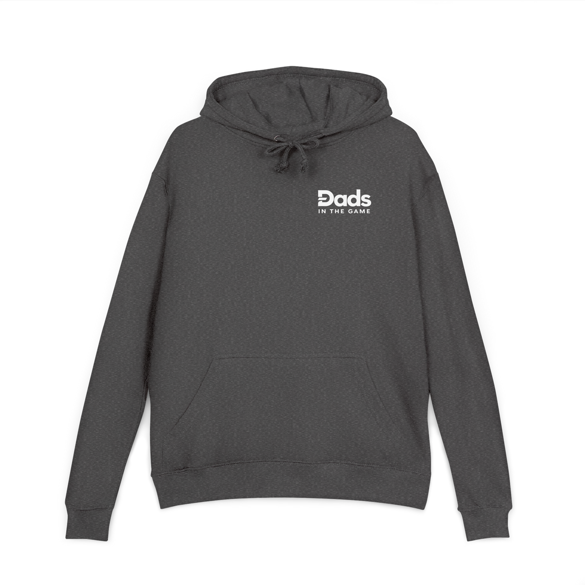 Front view of the charcoal Dads in the Game Real Life Wheel hoodie with small full logo on the left chest