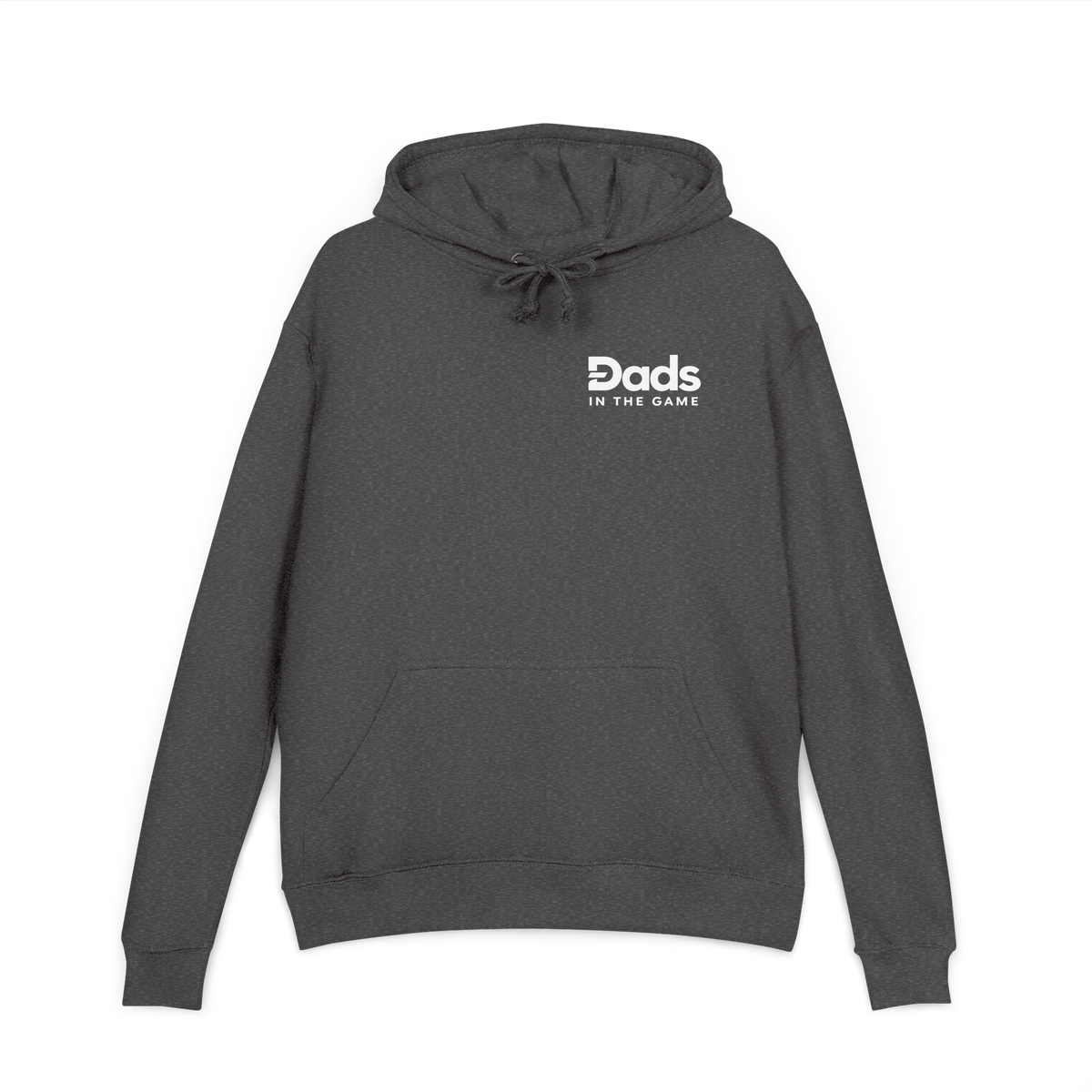 Front view of the charcoal Dads in the Game Real Life Heritage Wheel hoodie with small full logo on the left chest