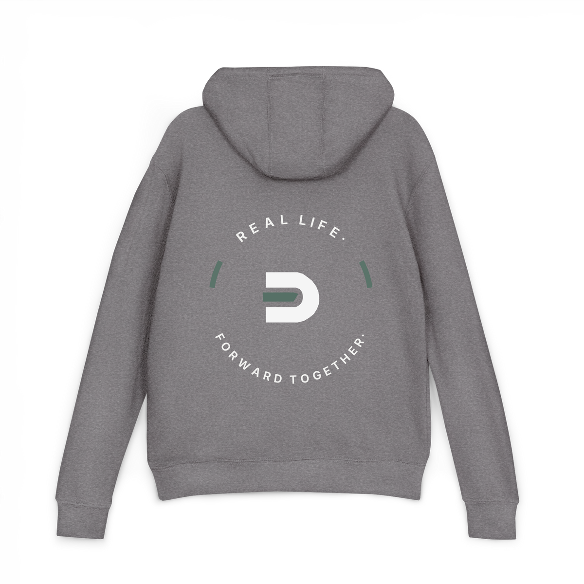 Back view of the graphite Dads in the Game Real Life Wheel hoodie with large Real Life, Forward Together wheel design