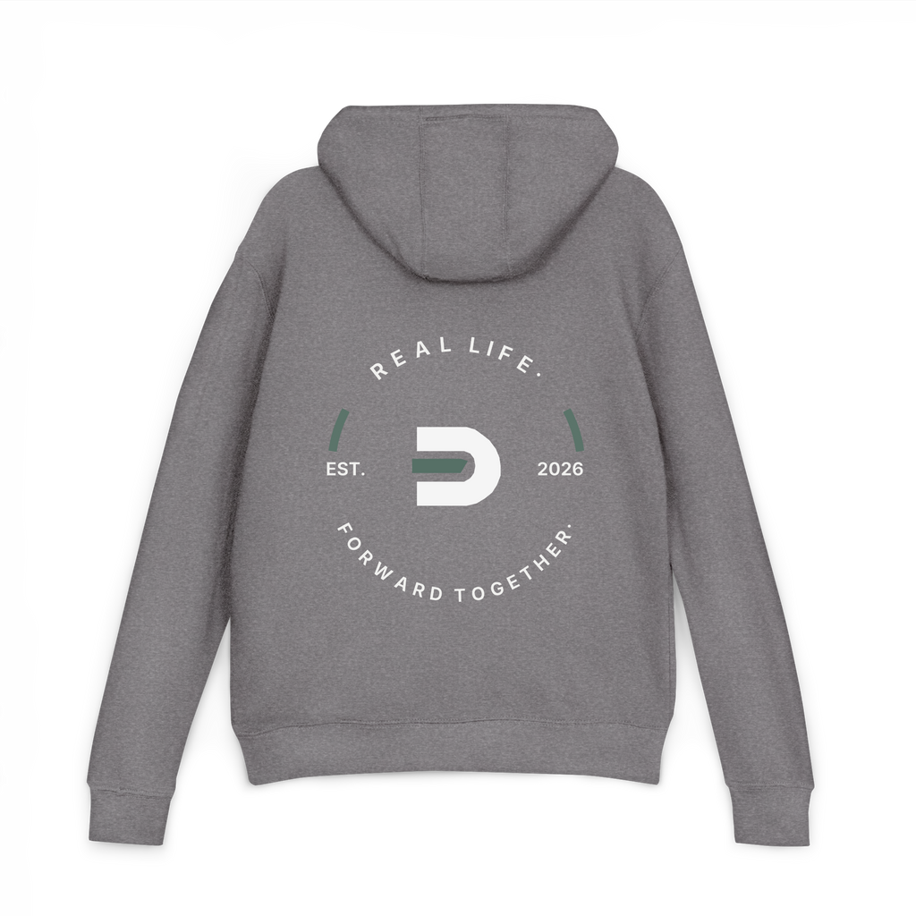 Back view of the graphite Dads in the Game Real Life Heritage Wheel hoodie with large wheel design and Est. 2026 lettering