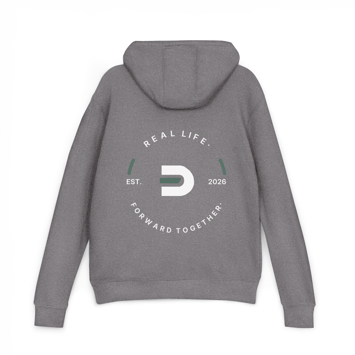 Back view of the graphite Dads in the Game Real Life Heritage Wheel hoodie with large wheel design and Est. 2026 lettering