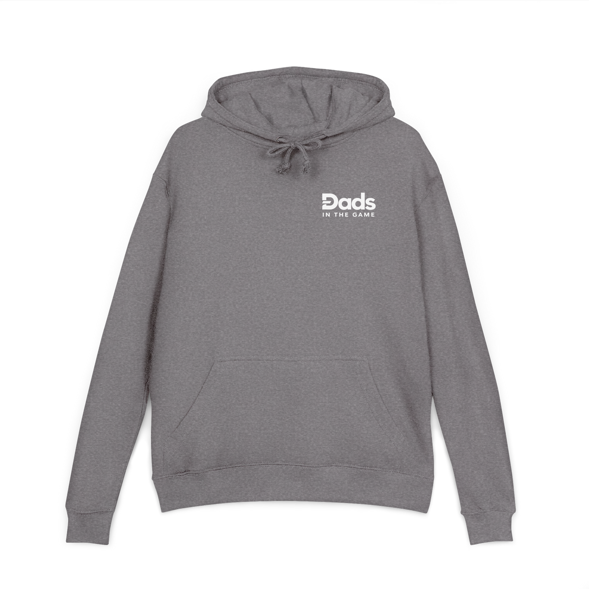 Front view of the graphite Dads in the Game Real Life Wheel hoodie with small full logo on the left chest