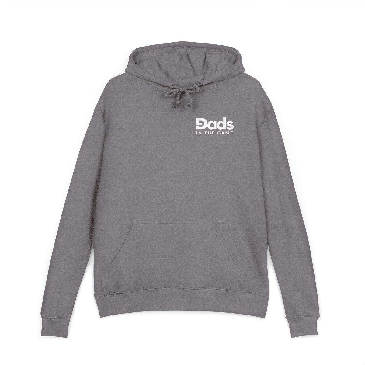 Front view of the graphite Dads in the Game Real Life Heritage Wheel hoodie with small full logo on the left chest