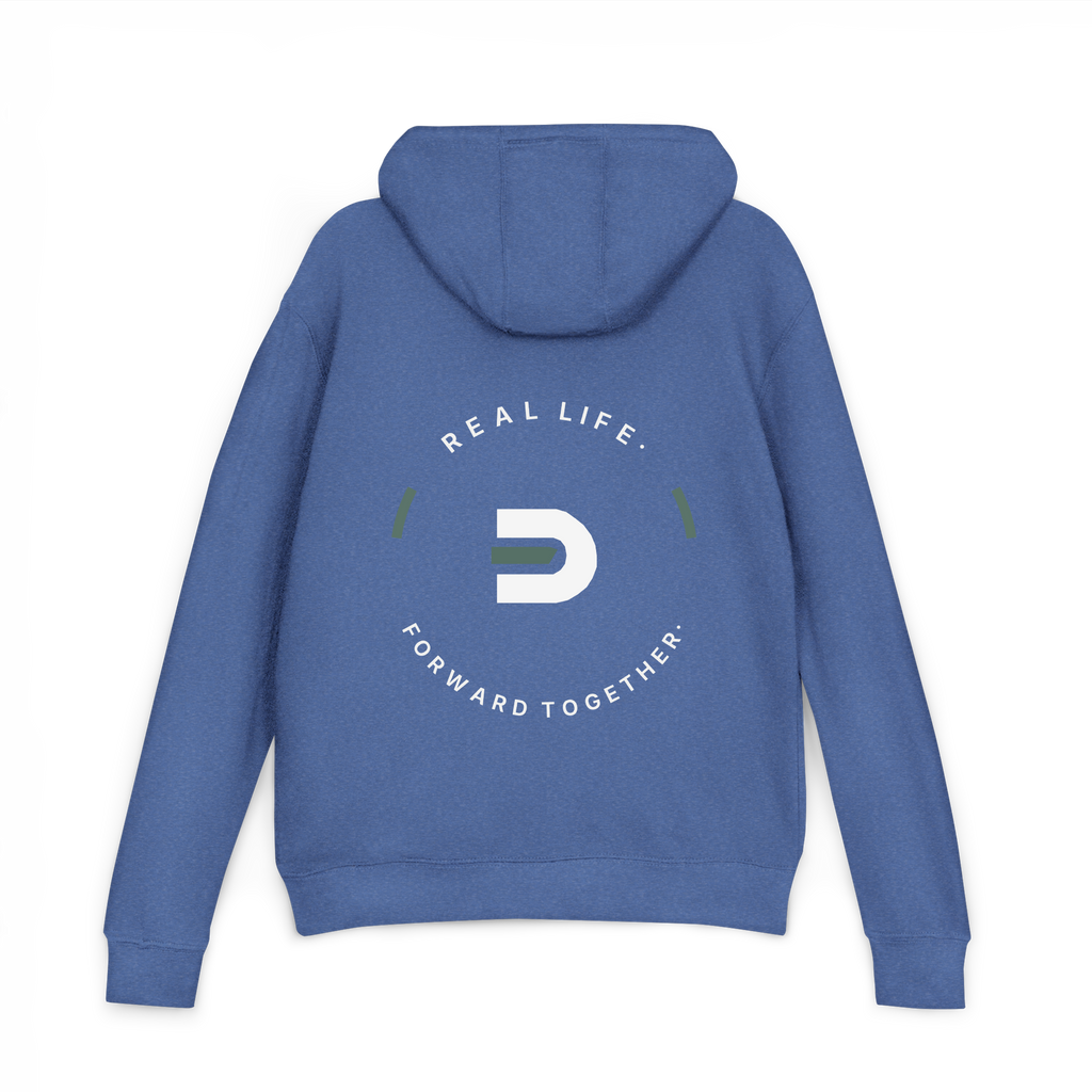 Back view of the heather royal Dads in the Game Real Life Wheel hoodie with large Real Life, Forward Together wheel design