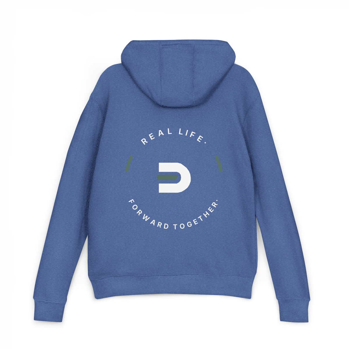 Back view of the heather royal Dads in the Game Real Life Wheel hoodie with large Real Life, Forward Together wheel design
