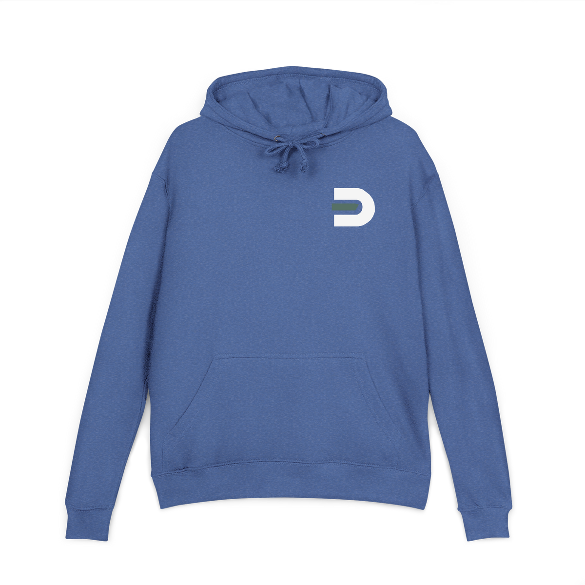 Front view of the heather royal Dads in the Game Signature D hoodie with small D emblem on the left chest