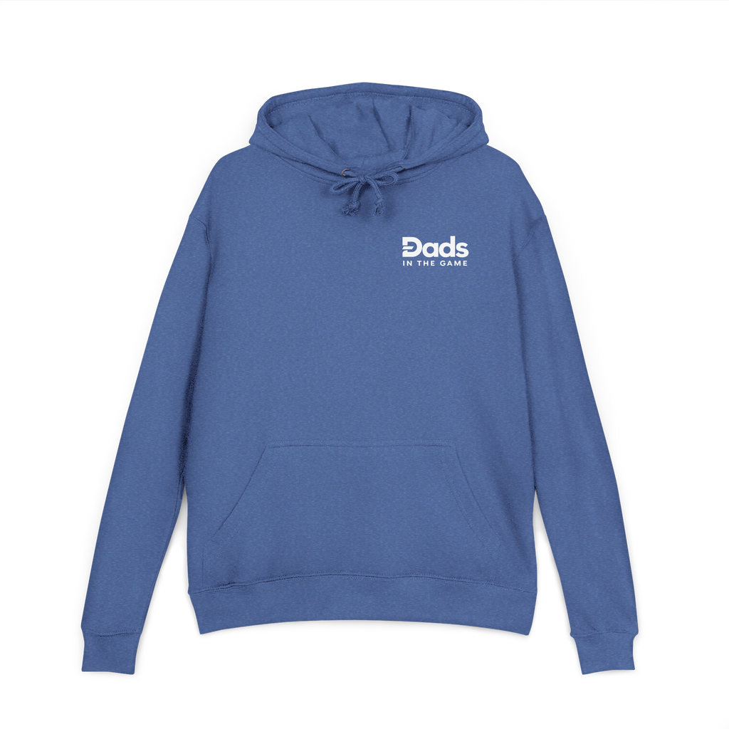 Front view of the heather royal Dads in the Game Real Life Wheel hoodie with small full logo on the left chest