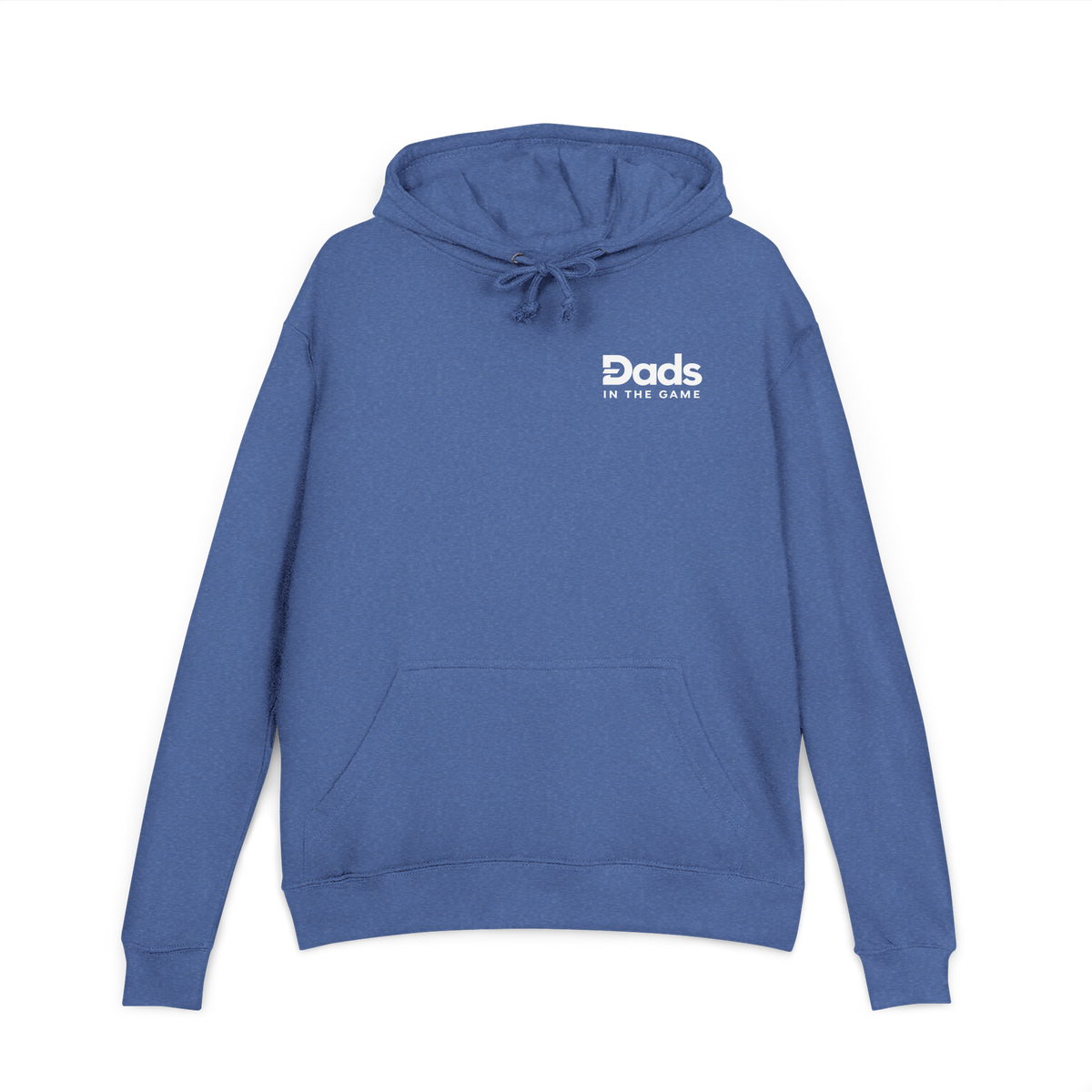Front view of the heather royal Dads in the Game Real Life Wheel hoodie with small full logo on the left chest