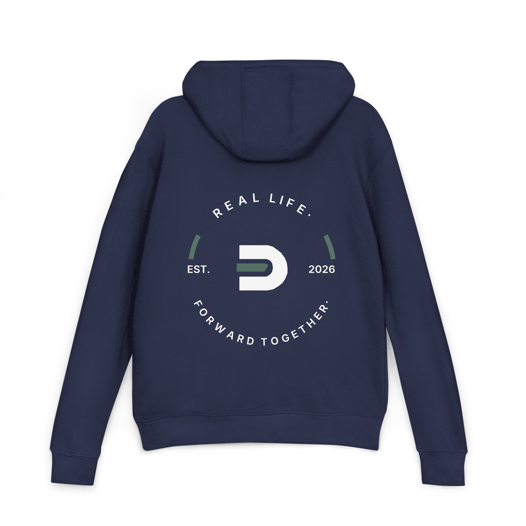 Back view of the navy Dads in the Game Real Life Heritage Wheel hoodie with large wheel design and Est. 2026 lettering